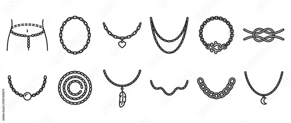 Obraz premium Collection of various chain jewelry items, including necklaces, bracelets, and a waist chain, presented as simple black outline icons