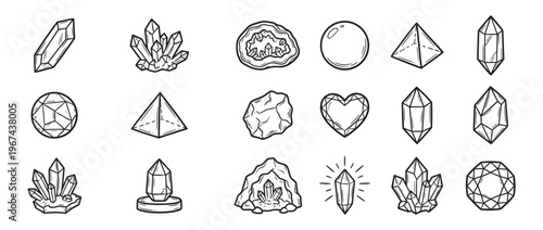 Various hand-drawn black and white crystal and gemstone illustrations showcase different shapes and forms of minerals with a clean line art style