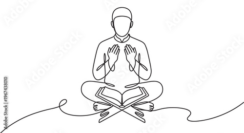 Muslim man in traditional attire praying with an open holy book on a stand, drawn in continuous line art style