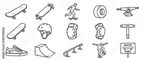 Collection of hand-drawn black and white line art illustrations depicting various skateboarding equipment and activities in a clean, graphic style