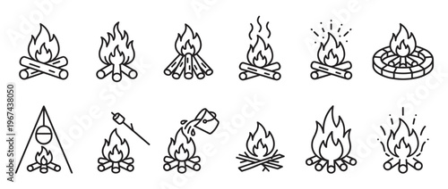 Collection of various outline campfire icons, depicting different styles of burning logs and flames