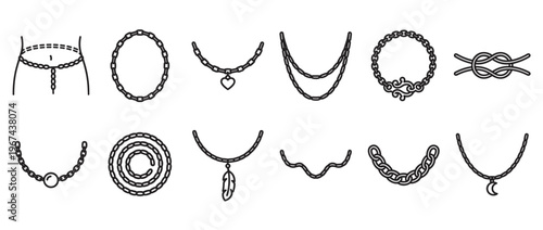 Collection of various chain jewelry items, including necklaces, bracelets, and a waist chain, presented as simple black outline icons