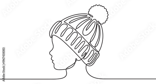 Continuous line drawing of a person's head wearing a knitted winter hat with a pompom, depicted in profile