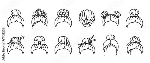 Collection of twelve different black outline bun hairstyles for women, featuring various styles and accessories, presented in a clean, minimalist vector illustration