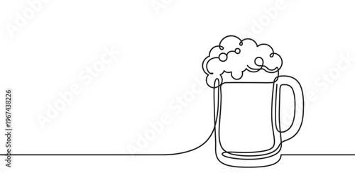 Single line art drawing of a beer mug with frothy foam, rendered in a minimalist black and white style