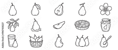 Collection of hand-drawn pear illustrations showcasing various forms of the fruit, from whole to sliced, and in products like jam and pie