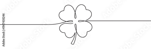 Minimalist continuous line drawing of a four-leaf clover, symbolizing luck and good fortune, with a clean, simple aesthetic