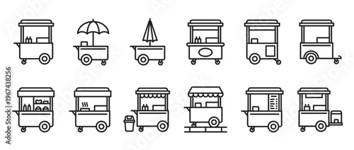 Collection of twelve black outline street food cart icons with various designs and details, clean graphic style