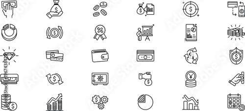 30 Modern Finance and Banking Line Icon Set Featuring Investment Analytics and Currency Exchange Vector Symbols