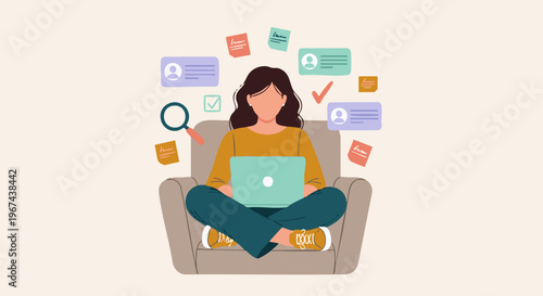 Woman working remotely on laptop, surrounded by digital tasks and profiles