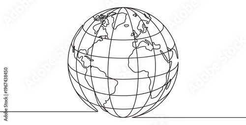 Continuous line drawing of a globe showing continents and latitude lines, rendered in a minimalist black and white style