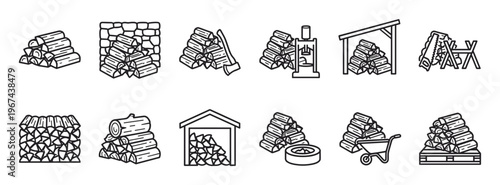Various black outline icons depicting neatly stacked firewood in different arrangements and settings, presented in a clean, graphic style