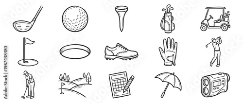 Collection of hand-drawn golf equipment and player illustrations in black outline on a white field, depicting various items and actions related to the sport