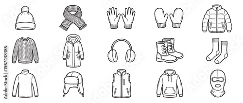 Collection of various black and white line art winter clothing items and accessories for cold weather