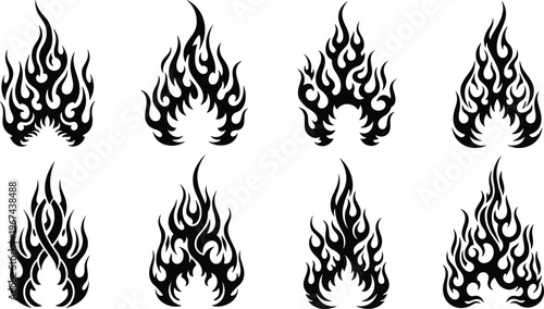 Flame icons, fire symbols, tribal graphics, tattoo outline, heat element, burning design, decorative illustration, energy vector, artistic inspiration motif