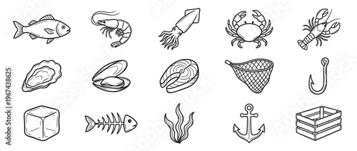 Collection of hand-drawn seafood and fishing related items, including fish, shrimp, crab, lobster, and fishing gear, presented as a clean vector illustration