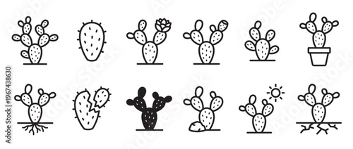 Collection of various prickly pear cactus icons in black outline and solid fill, depicting different growth stages and forms
