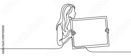 Young woman with long hair, drawn in continuous line art, holds a blank rectangular sign with both hands, looking forward