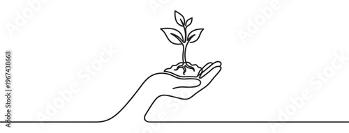 Single continuous line drawing of a hand holding a small plant with roots and leaves, symbolizing growth and care