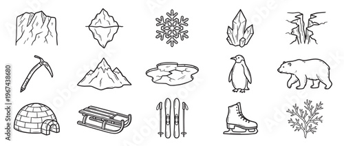 Collection of hand-drawn black and white winter and arctic themed icons, featuring various elements like mountains, ice, animals, and equipment