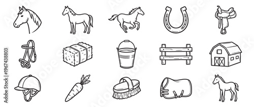 Collection of hand-drawn horse and equestrian related items, including horses, a horseshoe, saddle, bridle, and barn
