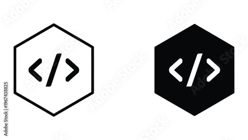 Contrasting visual styles of code snippet icons in hexagon shapes