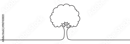 Single continuous line drawing of a stylized tree with a full, rounded canopy and a sturdy trunk, presented in a minimalist black and white graphic style