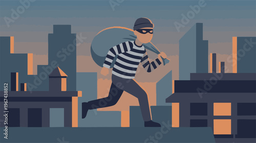 Thief running on city rooftops with a sack, urban crime illustration