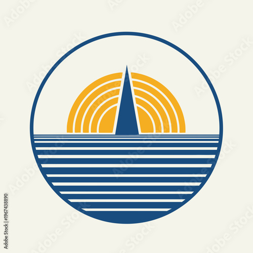 Abstract nautical emblem featuring a stylized sun and sea perfect for branding.