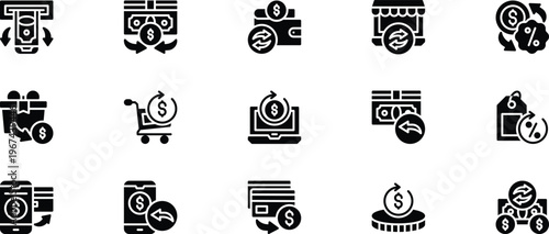 15 Professional Solid Cashback and Financial Return Icon Set, Modern Glyph Financial Rewards Icons set