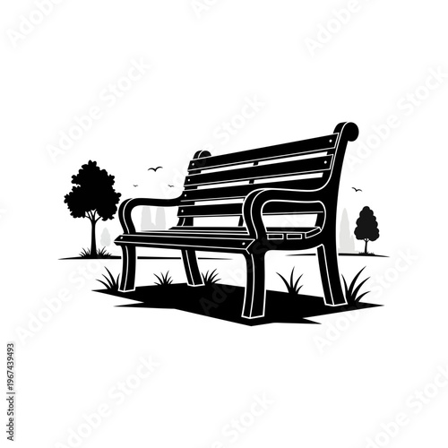 Elegant wooden park bench silhouette perfect for relaxation and contemplation in natures embrace.