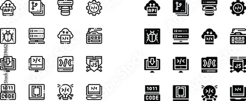 Professional 32 Software Development and Coding Icon Set Featuring Line and Solid Styles for Web and App Programming