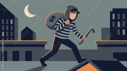 Burglar carrying money bag and crowbar on city rooftop at night