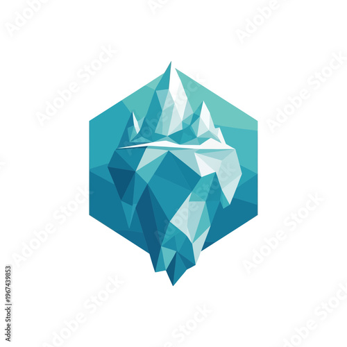 Geometric iceberg illustration within a hexagonal frame representing coldness and natures beauty.