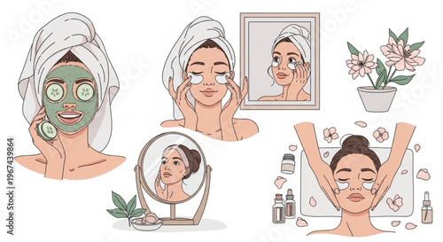 Set of young women applying face masks, eye patches, and receiving facial massages in a spa or home beauty routine.