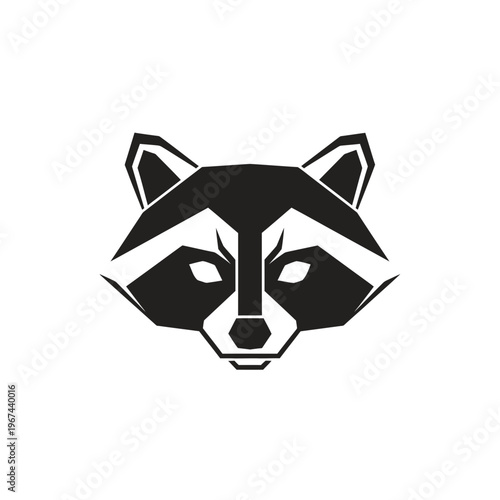 Geometric raccoon head illustration in black and white minimalist design.