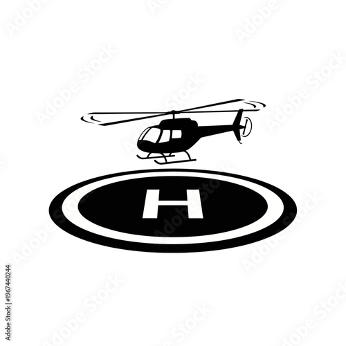 Helicopter hovering above a helipad ready for takeoff or landing aerial transport concept.