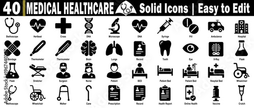 Medical healthcare solid icons set. Featuring black silhouette symbols for stethoscope, heartbeat, cross dna microscope, syringe, pill, ambulance, and hospital vector illustration.