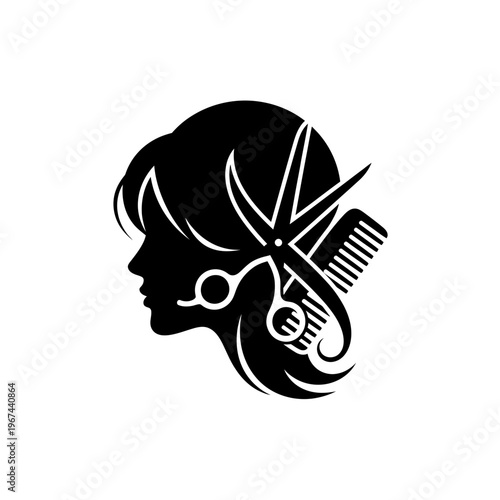Silhouette of a womans face with scissors and comb salon logo design.