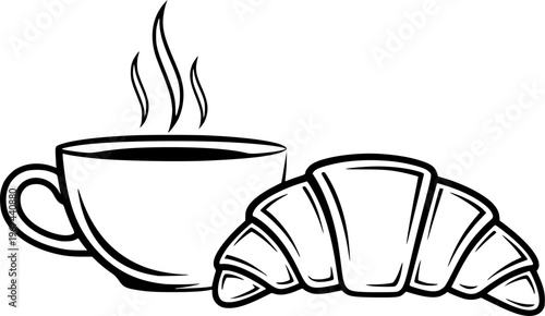 Simple black and white illustration featuring coffee cup steaming and delicious croissant in cafe design
