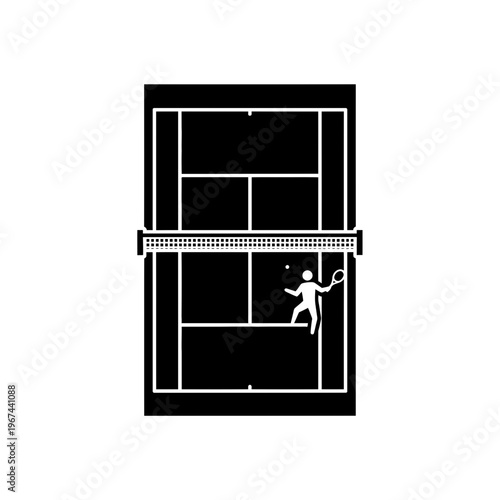 Tennis court silhouette with player and ball ready for action and competition.