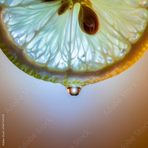 glowing citrus slice releasing a single bright droplet, capturing radiant freshness and intricate natural translucence
