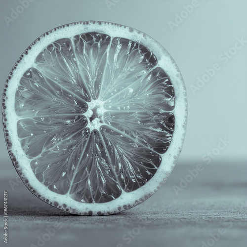 translucent citrus slice glowing with cool monochrome light, revealing geometric symmetry and refined natural structure