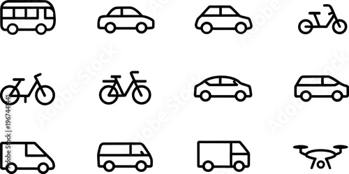 Collection of diverse transportation icons including bus car bicycle van drone and scooter on transparent background