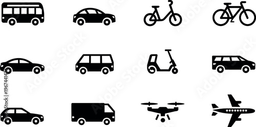 Diverse collection of black vehicle icons and transportation symbols isolated on transparent background