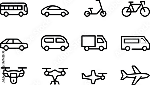 Collection of simple line art icons representing various modes of modern transportation isolated on a transparent background