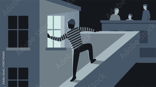 Burglar attempting to enter a building at night, observed by people