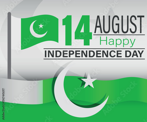 Graphic celebrating Pakistan Independence Day on August 14th featuring the national flag, the crescent and star motif, and bold green text vector illustration design