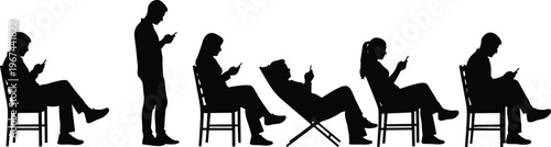 People using smartphone silhouettes set, mobile addiction concept, social media browsing, sitting and standing poses, digital lifestyle, isolated black figures
