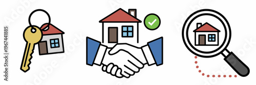 Color real estate icon set featuring house key, property handshake, and home search magnifier. Concept of buying, renting, mortgage service, agency support, and property investment.
